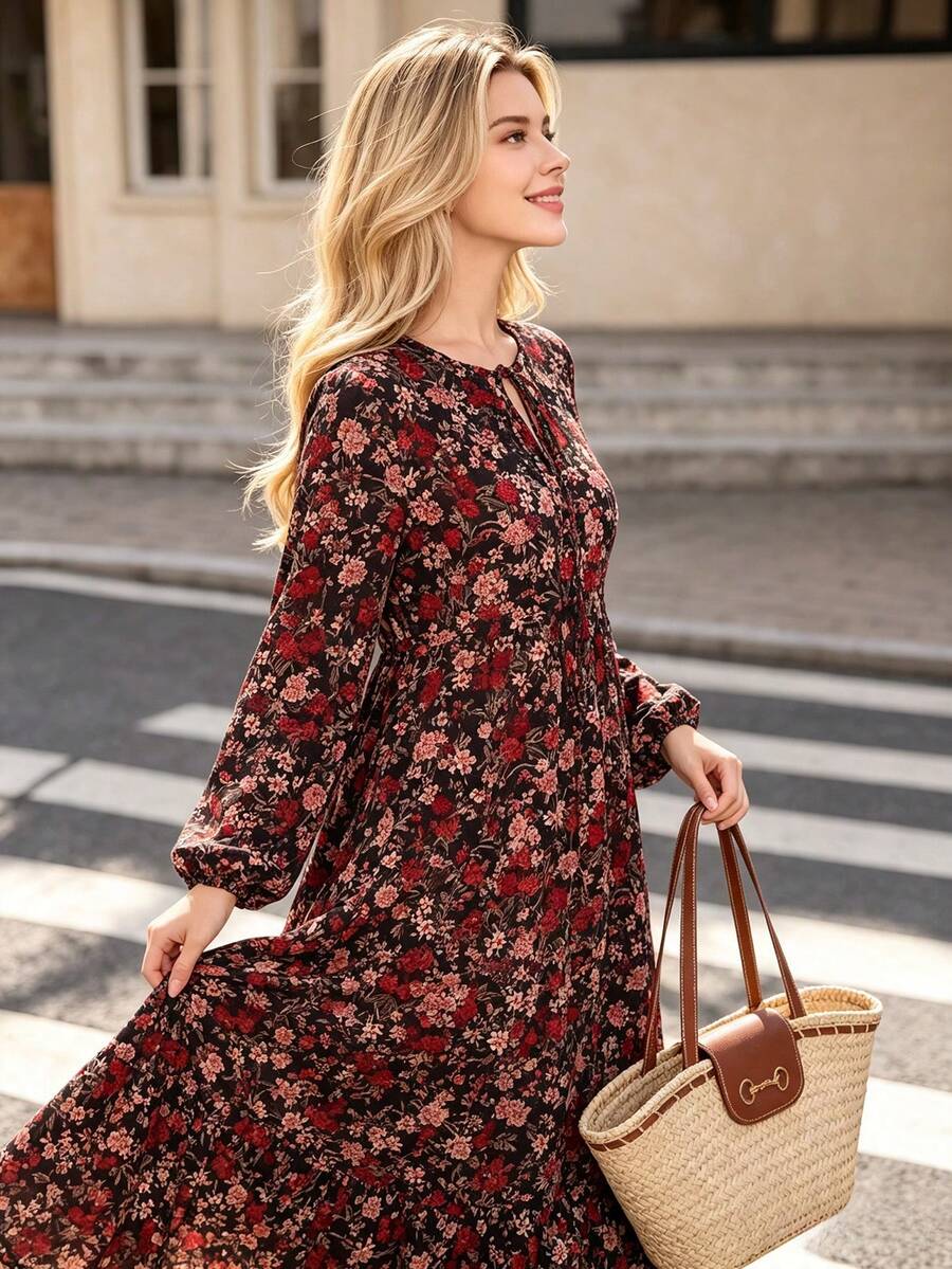 Gaun Panjang Wanita Motif Bunga Musim Gugur, Lengan Panjang, Leher Berlubang, Hem Bergelombang, Model A-Line, Gaun Maxi - MultiWarna - View 1
