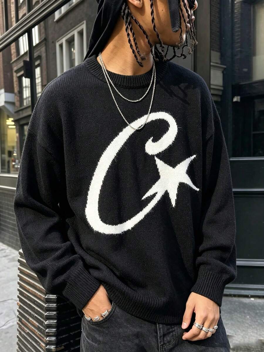 ANDREILEE Spring Autumn Winter Men's Women's High Street Fashion Casual Loose Long Sleeve Crew Neck Vintage American Star Pattern Lightweight Comfortable Knit Pullover - Black - View 1