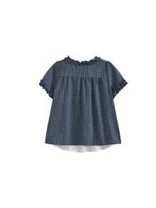 Blus Lengan Pendek 2 in 1 Gaya Jepang, Kemeja Motif Bunga Kotak-kotak, Atasan Gaya Kuliah Slim Fit, Musim Panas - Navy Blue - View 6