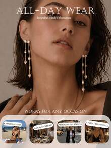 FAAABULS 1pc Asymmetrical Teardrop & Rectangular Rhinestone Long Chain Tassel Earrings, Shiny Multi-Faceted Dangle Earrings For Women, Daily Commute, Bridal Wedding Jewelry - Rhinestones - View 5