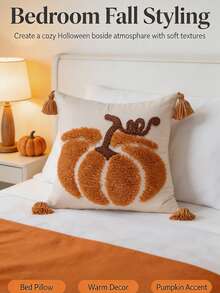 1pc Halloween Brown Pumpkin Pattern Square Pillow Case, Bohemian Chenille With Tufted Craft, Four-Corner Tassel Decoration, Country Pastoral Style, Suitable For Autumn Living Room, Bedroom, Sofa, Windowsill, Leisure Gathering, Etc., No Filling Included, 45*45cm - Multicolor - View 8