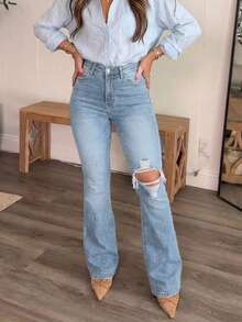 Women's Distressed Elastic Skinny Flare Jeans Casual Spring - Light Wash - View 4