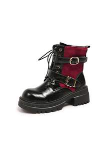 Black & Red Colorblock Boots For Women, Double Metal Buckle Thick Sole Height-Increasing Motorcycle Ankle Boots, Punk Style Lace-Up Side Zipper Fashion Boots - Burgundy - View 9