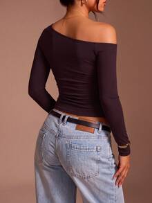 Women's Y2K Style Solid Color Asymmetric Neck Long Sleeve T-Shirt, Autumn - Burgundy - View 5