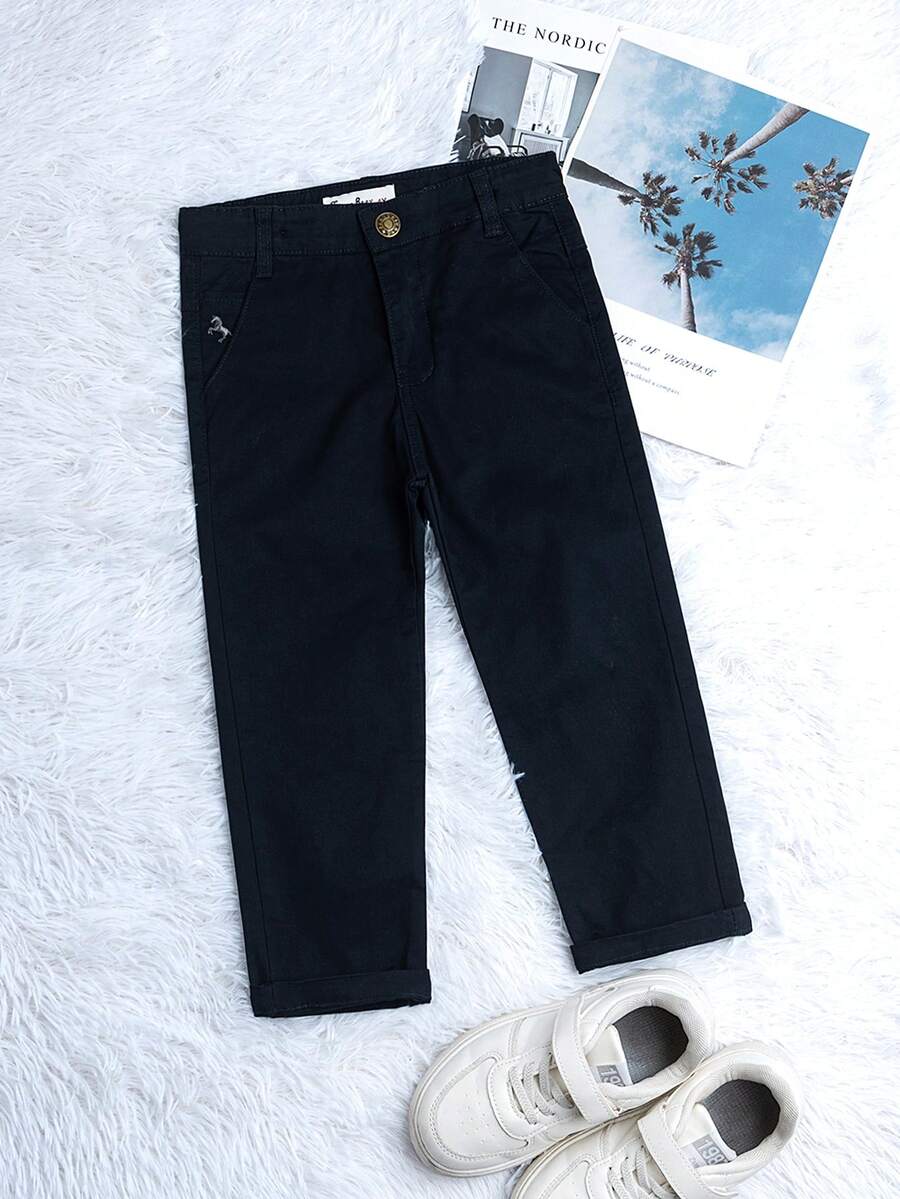 Boys' Embroidered Logo Coffee Color Pure Cotton Casual Long Pants, Spring/Autumn