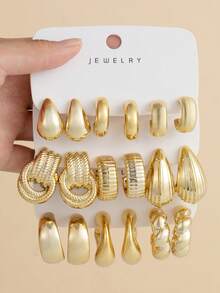6/18pcs Luxury Metal Gold Women's Earring Set. C-Shaped Hoop Earring Set, Vintage Textured Water Drop Earrings, Versatile Commuter Jewelry/European And American Heavy-Duty Thick Gold Earring Set, Twisted Vertical Water Drop C-Hoop Combination, Niche High-End Earring Collection - Gold - View 7