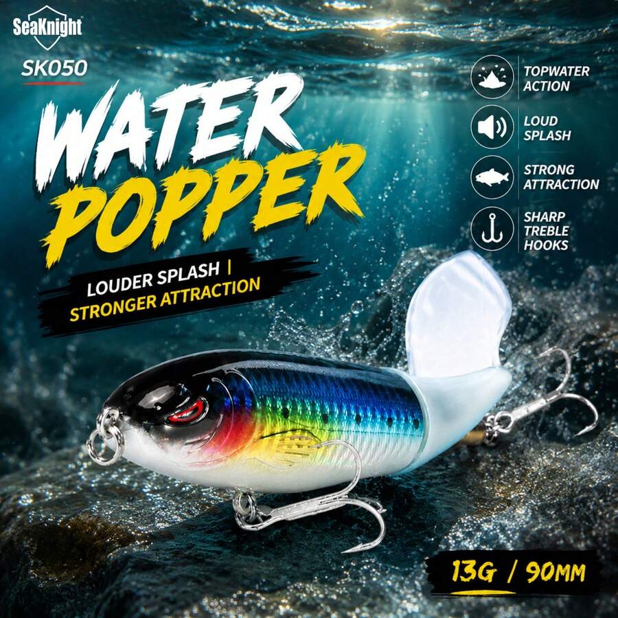 SeaKnight SK050 90mm 13g, SK051 130mm 39g, SK053 110mm 19g Whopper Plopper Surface Fishing Lure, Rotating Tail Hard Bait, Artificial Fishing Lure For Bass, Pike, Perch, Freshwater And Saltwater - Multicolor - View 1