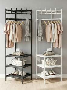 Multifunctional Floor Clothes Storage Rack With Three Non-Woven Fabric Storage Layers And Multiple Top Hooks, Set Includes 3 Wooden Hangers, Easy To Assemble And Disassemble For Storing Clothes And Bags, Suitable For Home Entryway And Bedroom. - Multicolor - View 3