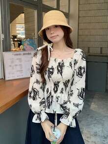 Women's Ink Painting Pleated Casual Versatile Daily Wear Shirt - Apricot - View 6