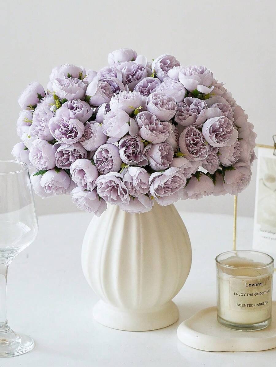 1 Bunch/2 Bunches Silk Peony Bouquet, Pink Artificial Roses, 27 Stems Artificial Peonies, Suitable For Home, Wedding Party, Table Decor, Bridal Shower, Valentine's Day, Birthday Gift, Graduation Ceremony And Other Occasions - Lilac Purple - View 1