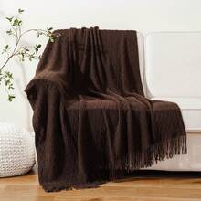 بطانية محبوكة بشرابات لجميع الفصول، بطانية ديكورية ناعمة وخفيفة الوزن وقابلة للتنفس، بطانية قيلولة للتكييف، مناسبة للأريكة والسرير والكرسي الاسترخائي - بني داكن - مشاهدة 2