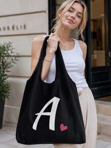 Pink Heart Letter A-Z Pattern Vest-Style Shoulder Bag, Women's Casual Canvas Tote Bag, Suitable For Vacation, Beach And Daily Life, Perfect Gift For Women, Mothers, Teachers, Friends And Bridesmaids, Large Capacity Bag, Students, Back To School Season, Portable Casual Storage Tote Bag, Multi-Functional Shopping Bag, Novel Design, Large Capacity, Ideal For Shopping, Shoulder Bag, Tote Bag, Lunch Bag, Lunch Box And More. - Multicolor - View 8