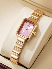 JUSMI Fashionable Pink Rectangular Watch With Gold Chain Strap, Crystal Dial, Ideal Gift For Girlfriend Graduation, Wedding, Anniversary - Pink - View 5