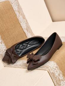 Pointed Toe Low Vamp Bow Flat Shoes, Delicate Satin Texture Soft High-End Feel, Versatile Shoes. - Brown - View 5