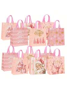 2Pcs-Pink Christmas Non-Woven Gift Bags-Christmas Party Gift Bags With Handles, Featuring Designs Of Santa Claus, Snowmen, Reindeer, And Gingerbread Houses, With A "Ho Ho Ho" Tag; Perfect For Birthdays, Holiday Decorations, And Candy Bags - Multiple Styles - View 4