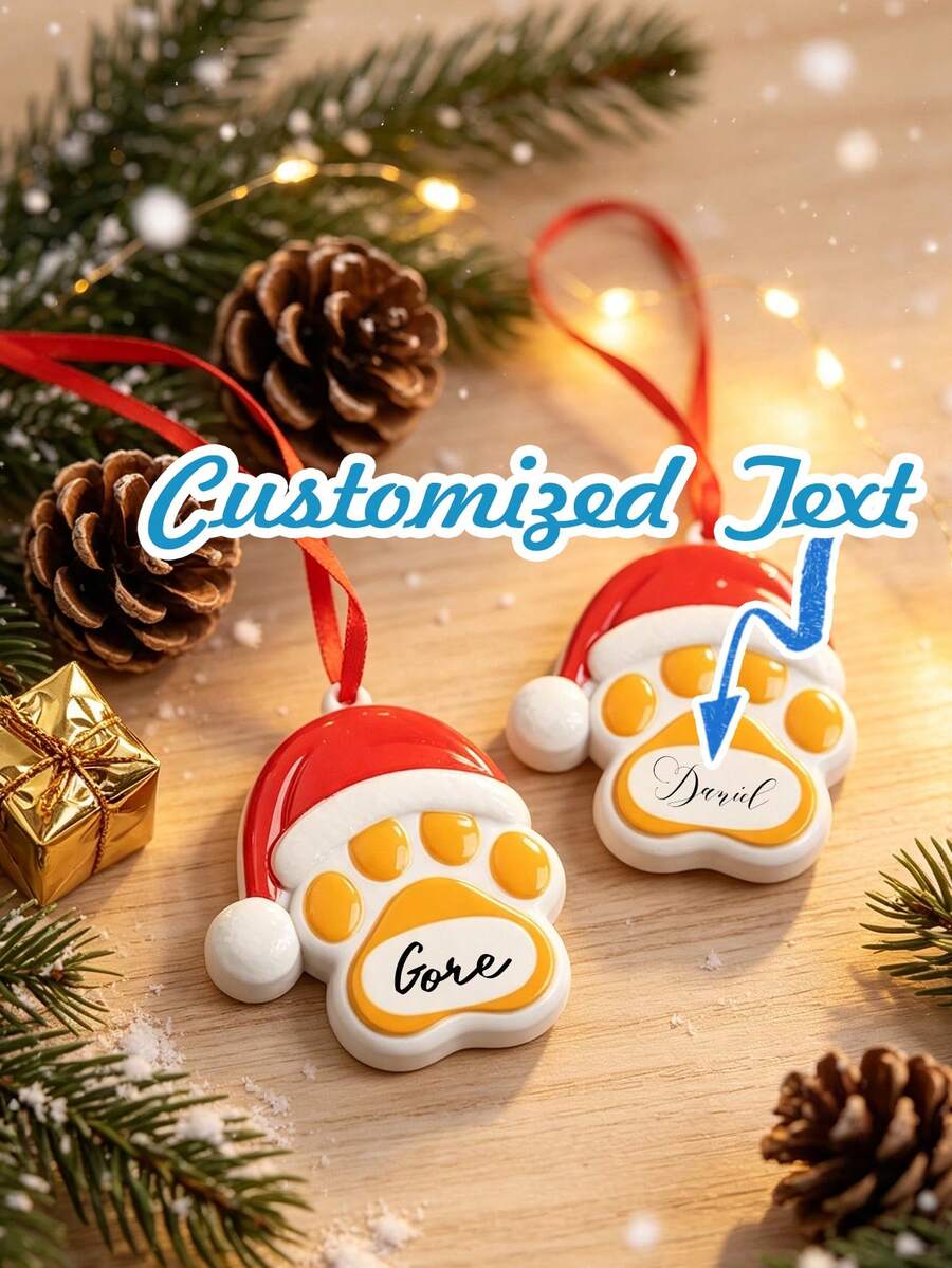 1pc Personalized Pet Paw Print Ornament, Custom Text Ornament, Paw Print Holiday Decoration, Exclusive Christmas Dog Ornament, Personalized Dog Decoration, Custom Dog Pendant, Pet Keepsake, Christmas Tree Hanging Decoration - Multicolor - View 1