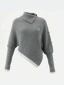 Grey Design Slouchy Asymmetrical Batwing Sleeve High Neck Cape 2 In 1 Sweater Women Autumn/Winter Loose Knit Top - Grey - View 6