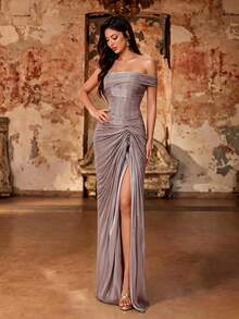 Fall Winter Elegant Asymmetrical Off Shoulder Corset Ruched Shiny Satin High Slit Maxi Formal Evening Gown Lace Up Back Dress For Wedding Guest Party - Dusty Pink - View 1