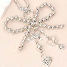 1pc Silver-Grey Faux Pearl Bow Pendant, Suitable For Women, Includes Faux Pearl And Heart-Shaped Pendant, Cute And Fashionable Keychain And Bag Accessory, Hollow Design - Silver - View 4