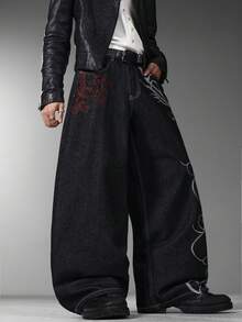 Men's HK Style Wide Leg Jeans, Retro Embroidery On Back, Casual Long Pants All Seasons (No Belt & Accessories, Decorative Non‑Functional Back Pockets) - Black - View 3