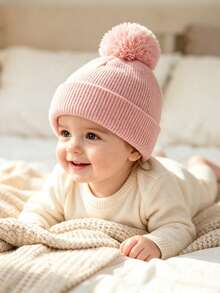 1pc Spring Autumn Winter Unisex Baby Knit Hat, Cute Pom Pom Design, Classic Solid Color, Simple Fashion Versatile, Comfortable Breathable Soft Woolen Hat, Outdoor Warm Baby Hat - Multicolor - View 2