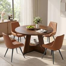 Modern 5 Piece 47 Inch Round Dining Table Set With 4 Padded Chairs, Space Saving Kitchen Table Set With Storage Shelf For Small Apartment Dining Room, Walnut Table Brown Chairs - Black - View 1