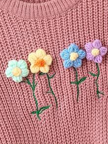 Girls' Fashion Knitted Pullover Sweater, Warm Crew Neck Top With 3D Embroidered Floral Design, Autumn/Winter - Pink - View 4