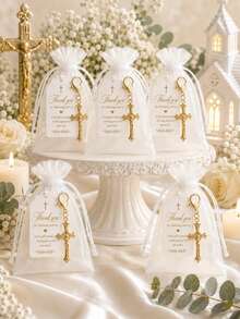 60pcs/20sets Cross Keychain Favors With Organza Gift Bags And Tags, Suitable For Baptism, First Communion, Christening, Baby Shower And Birthday - Gold - View 4