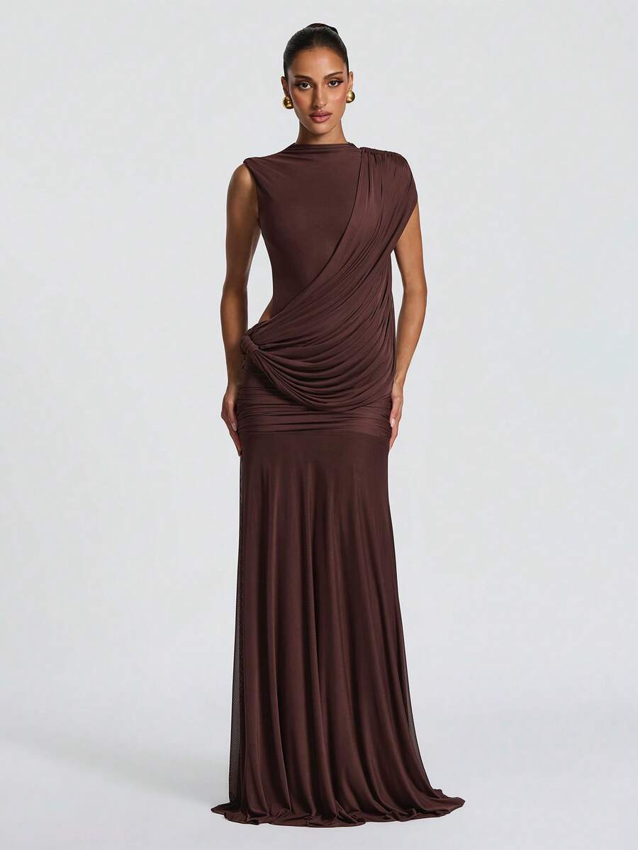Elegant Sexy Backless Party Dress, Round Neck Pleated Design, Backless Detail, Perfect Choice For Parties - Brown - View 1
