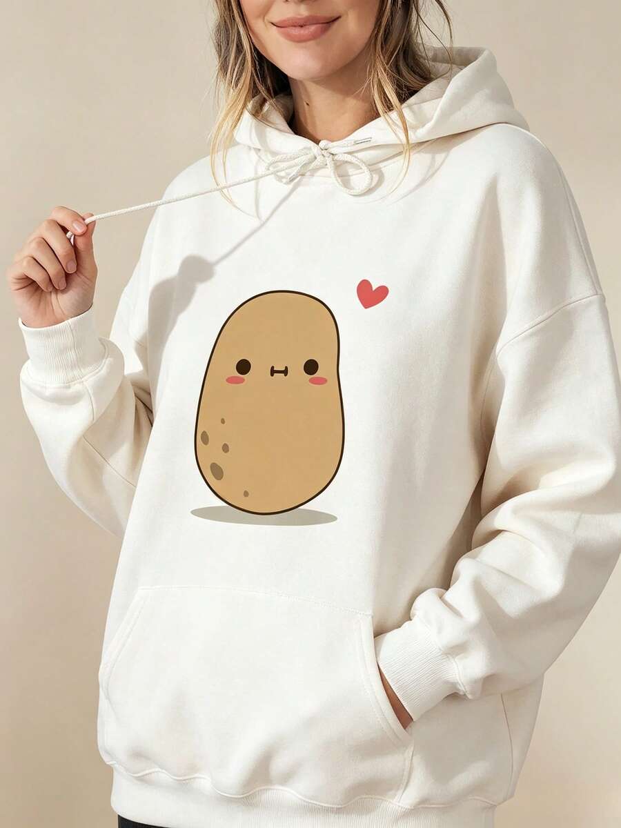 Cute Little Potato Print Hoodie Sweatshirt Fashionable Hooded Sweatshirt - 白色 - 查看 1