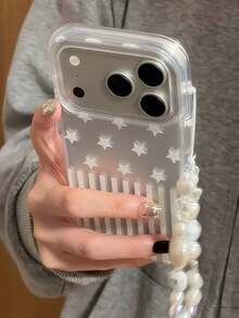 Matte Silver Star Stripe Phone Case Compatible With IPhone 17 Pro Max, 16 Pro, 15, 13, 14, With Lanyard, Airbag Dual Layer Full Coverage Shockproof Protective Cover For Women - Silver - View 5