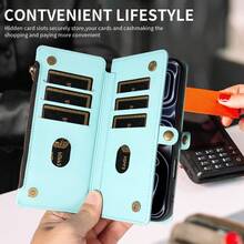 1pc Flip Cover Protective Case Compatible With Apple 17 Pro Max, Multi-Function Card Slot, Crossbody Strap, Hand Rope, Fashion Wallet Style, Artificial Leather, Series, Shopping, Travel, Phone Protective Shell - Mint Blue - View 7