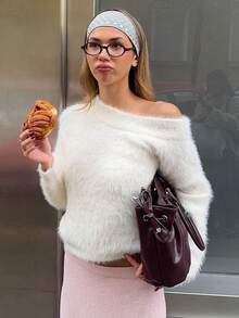 Autumn/Winter Fashion Round Neck Asymmetric Neck Elegant Commute Solid Color Casual Minimalist Short Soft Fluffy Long Hair White Sweater - White - View 8