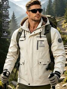 Men's Letter Print Hooded Utility Jacket, Casual Outdoor Long Sleeve Coat - Beige - View 1