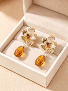 1 Pair Vintage Gold 3D Flower With Oval Resin Pendant Earrings, Charming Women's Fashion Daily Wear, Outing, Date, Party, Music Festival, High-End Versatile Earrings - Multicolor - View 2