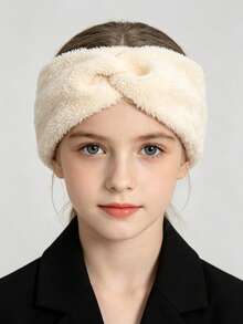 European And American Plush Cross-Over Knitted Headband, Warm Ear Protector Hair Tie, Wide-Brim Face Wash Headband, 1pc Solid Col, First Day Of School - Multicolor - View 3