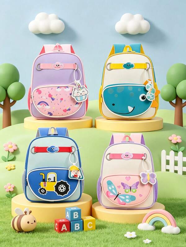 1PC New Cartoon Mushroom And Excavator Backpack, Casual Minimalist Elegant, Zipper Design, Adjustable Shoulder Straps, Suitable For Daily Outings, Travel, Can Easily Hold Daily Essentials, Applicable To Various Styles And Occasions