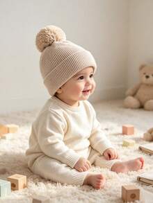 1pc Spring Autumn Winter Unisex Baby Knit Hat, Cute Pom Pom Design, Classic Solid Color, Simple Fashion Versatile, Comfortable Breathable Soft Woolen Hat, Outdoor Warm Baby Hat - Multicolor - View 3