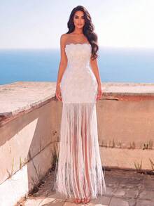 Faeriesty Elegant Women's White Strapless Sequin Fringe Long Formal Gown, Charming Sleeveless Fitted Evening And Special Occasion Maxi Dress Wedding Party Fall - White - View 4