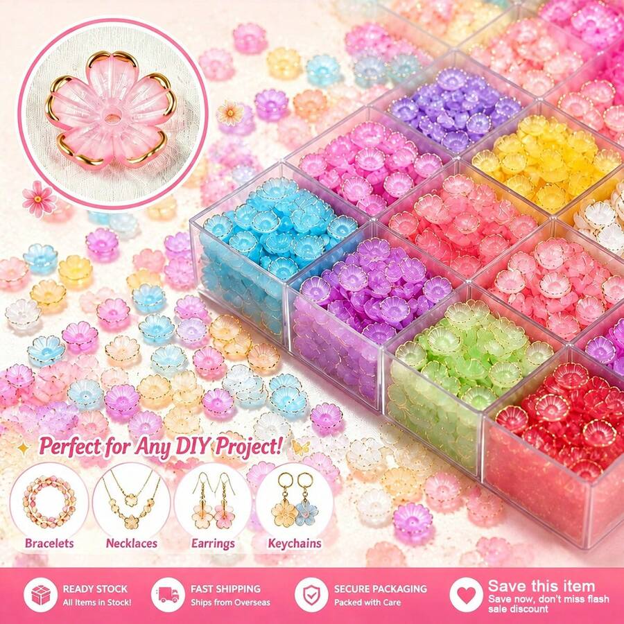 100pcs Acrylic Dual-Color Gold Foil Flower Beads, Acrylic Loose Beads For Jewelry Making