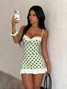 Summer Dresses,Green Short Skirts,Polka Dot Dresses,Party,Elegant,Birthday,Going Out Outfits,Wedding Guest Dress,Fall,Back To School,Cocktail - Green - View 4