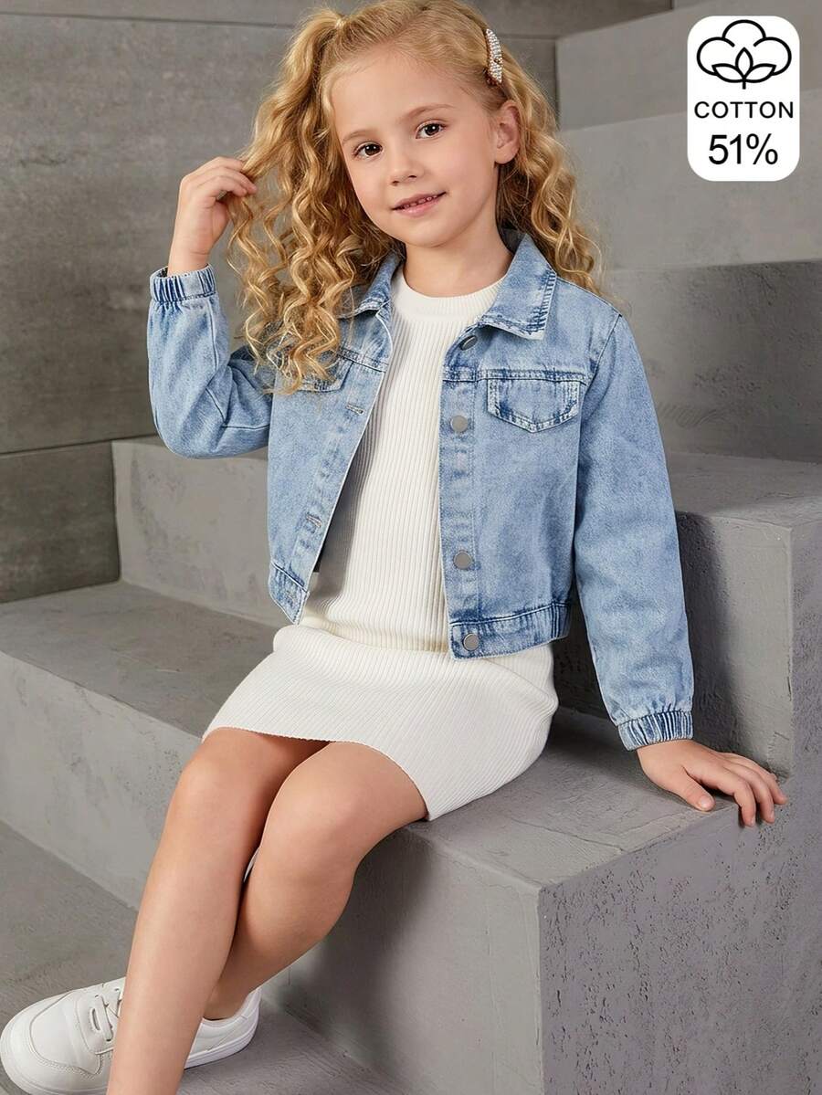 1pc Tween Girl Autumn/Winter Vintage Street Minimalist Denim Jacket, Suitable For Outdoor, Vacation, Street Fashion, Back To School - Light Wash - View 1