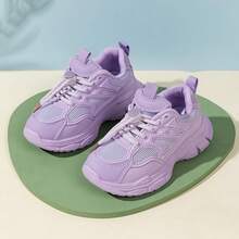 1 Pair Girls' Sports Shoes, New Style Kids' Chunky Sneakers With Double Mesh Breathable Anti-Slip Design For Spring And Autumn, Comfortable Casual Running Shoes For Big Kids And Teen Girls, Size Runs Small, Recommend Ordering One Size Up - Purple - View 2