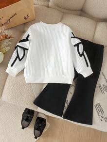 2pcs Korean Style Baby Girl Vertical Stripe Cuff Bow Design Round Neck Long Sleeve Top And Versatile Black Flared Pants Set, Suitable For Spring And Autumn Daily Outings - White - View 4