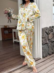 2pcs/Set Women's Floral Long Sleeve Long Pants Pajama Set - Multicolor - View 3