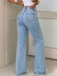 Pantalones de mezclilla rectos lavado, elásticos, efecto levantador de glúteos, control abdominal y caída amplia - Lavado ligero - Ver 3