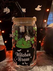 Halloween Witch Magic Cauldron Glass Straw Cup, Bamboo Lid High Transparency Can Cup, Bat Star Moon Ghost Print Iced Coffee Cold Drink Cup - Multicolor - View 2