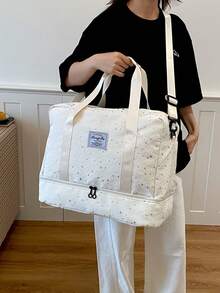 New Star Print Portable Travel Bag For Women, Double Layer Expandable Structure, Independent Bottom Compartment For Increased Storage Space, Reinforced Handle With Adjustable Long Shoulder Strap, Luggage Strap Compatible, Suitable For Fitness, Short Trips, Student Dorm Use, Practical Hand Luggage Bag - White - View 7