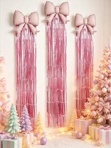 4pcs/Set 21 Inch Bow Tassel Ribbon Balloon Set, Wall Hanging Party Backdrop Decoration, Birthday, Wedding, Christmas, Halloween, Baby Shower Party Decoration, Christmas Decoration Balloons - 4-piece Pink Butterfly Balloon Rain Curtain Set - View 1