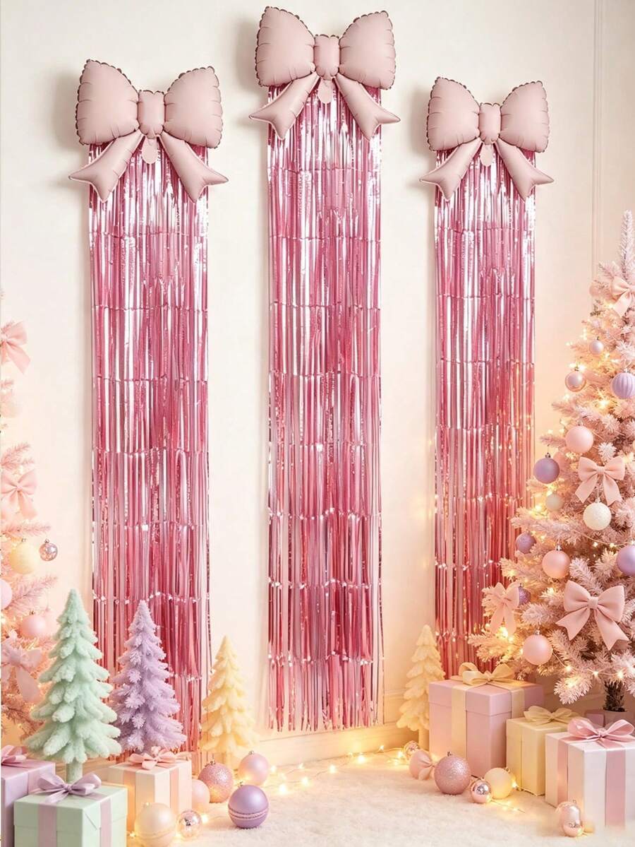 4pcs/Set 21 Inch Bow Tassel Ribbon Balloon Set, Wall Hanging Party Backdrop Decoration, Birthday, Wedding, Christmas, Halloween, Baby Shower Party Decoration, Christmas Decoration Balloons - 4-piece Pink Butterfly Balloon Rain Curtain Set - View 1